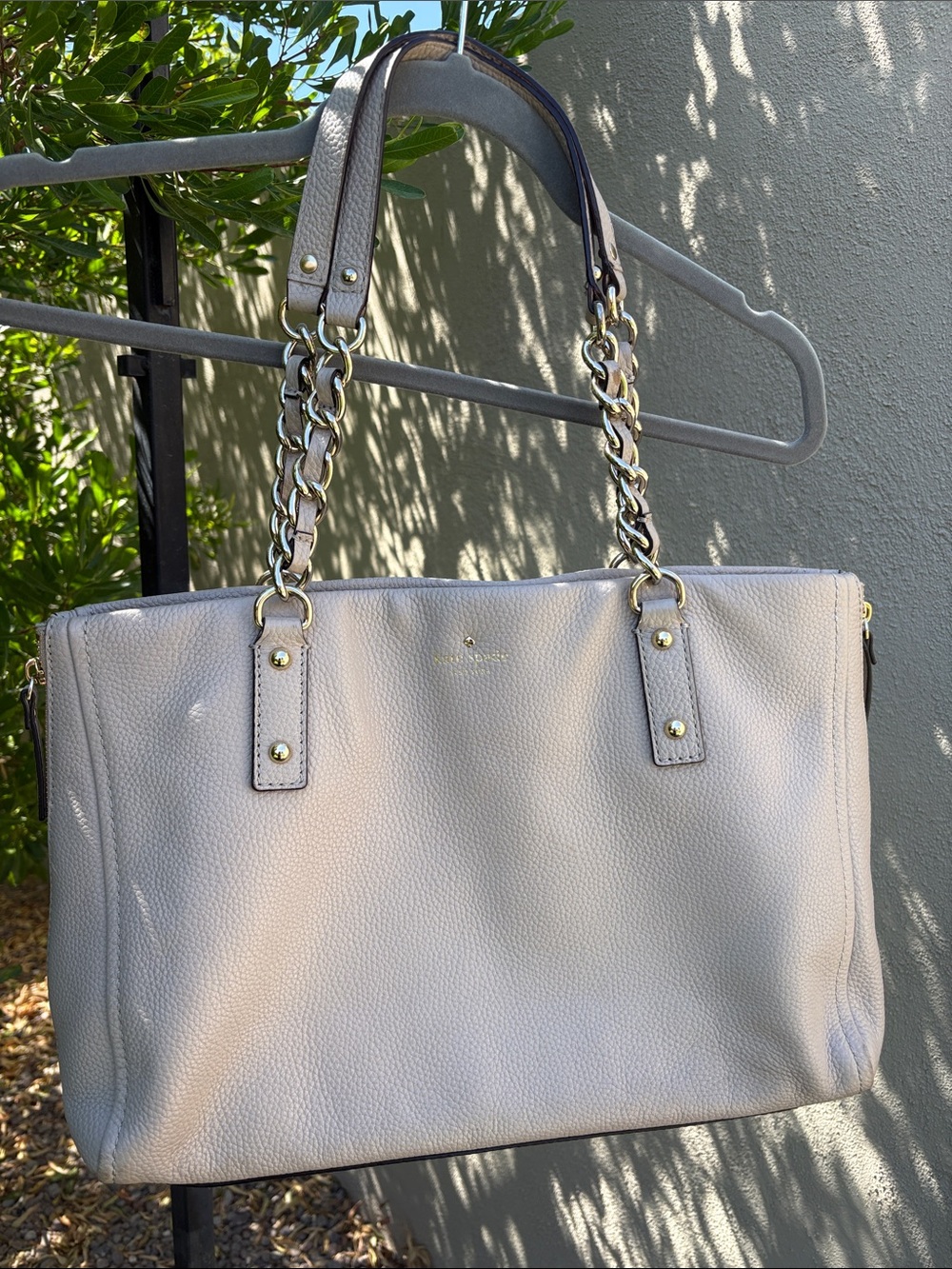 kate spade Pebbled Leather Tote in Light Gray with Gold Hardware